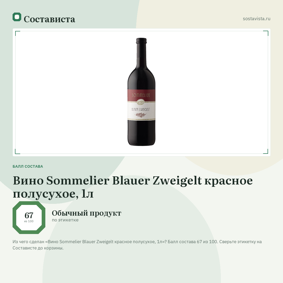 Вино Sommelier Blauer Zweigelt красное полусухое, 1л: балл состава 67 из 100 — Состависта
