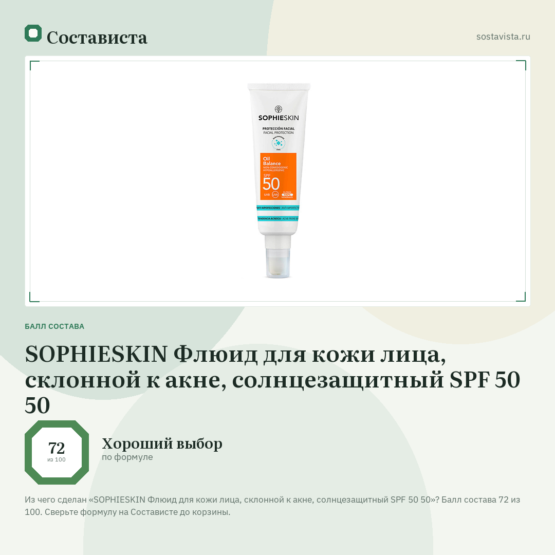 SOPHIESKIN Флюид для кожи лица, склонной к акне, солнцезащитный SPF 50 50: балл состава 72 из 100 — Состависта
