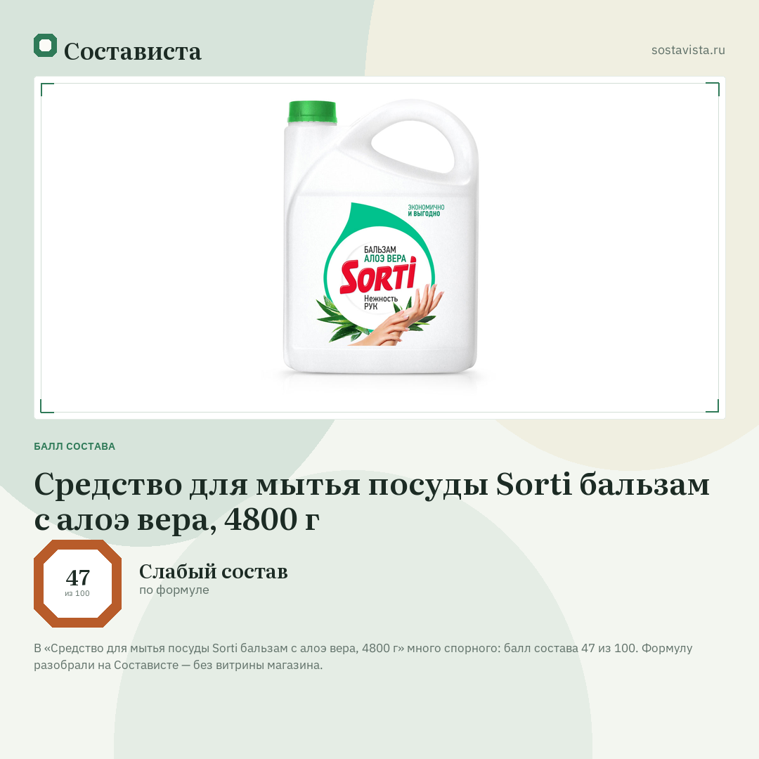 Средство для мытья посуды Sorti бальзам с алоэ вера, 4800 г: балл состава 47 из 100 — Состависта
