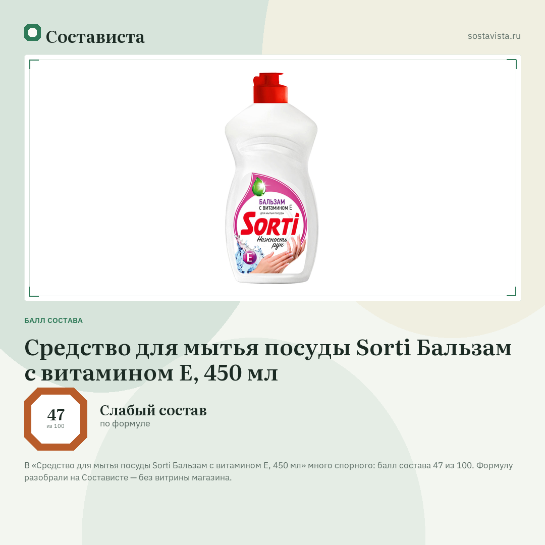 Средство для мытья посуды Sorti Бальзам с витамином Е, 450 мл: балл состава 47 из 100 — Состависта