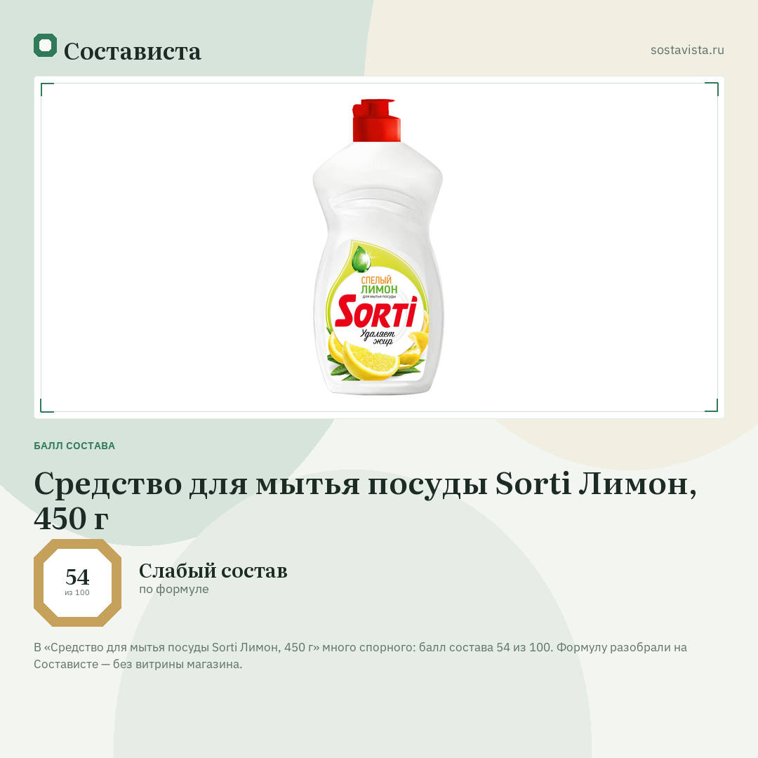 Средство для мытья посуды Sorti Лимон, 450 г: балл состава 54 из 100 — Состависта