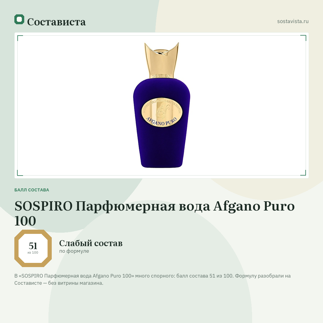 SOSPIRO Парфюмерная вода Afgano Puro 100: балл состава 51 из 100 — Состависта