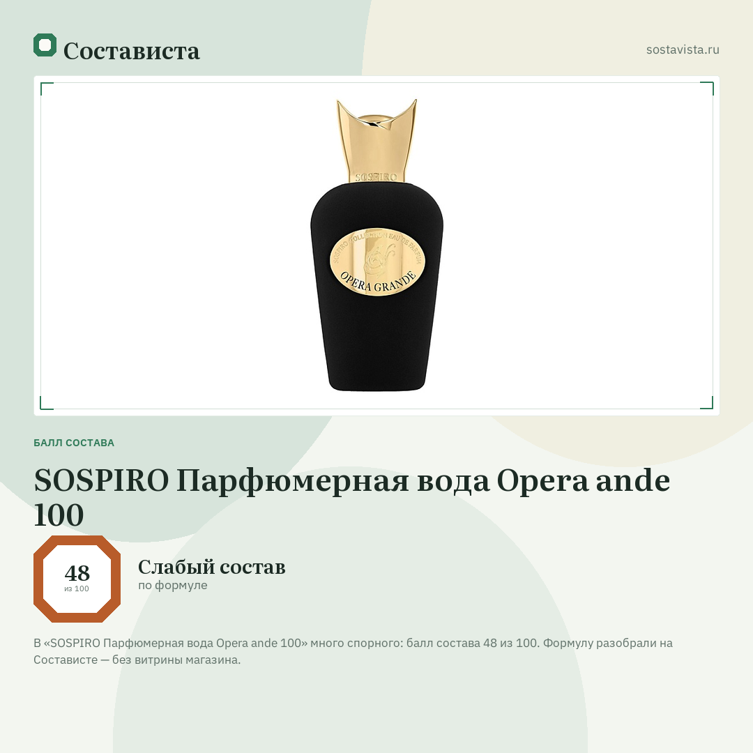 SOSPIRO Парфюмерная вода Opera ande 100: балл состава 48 из 100 — Состависта