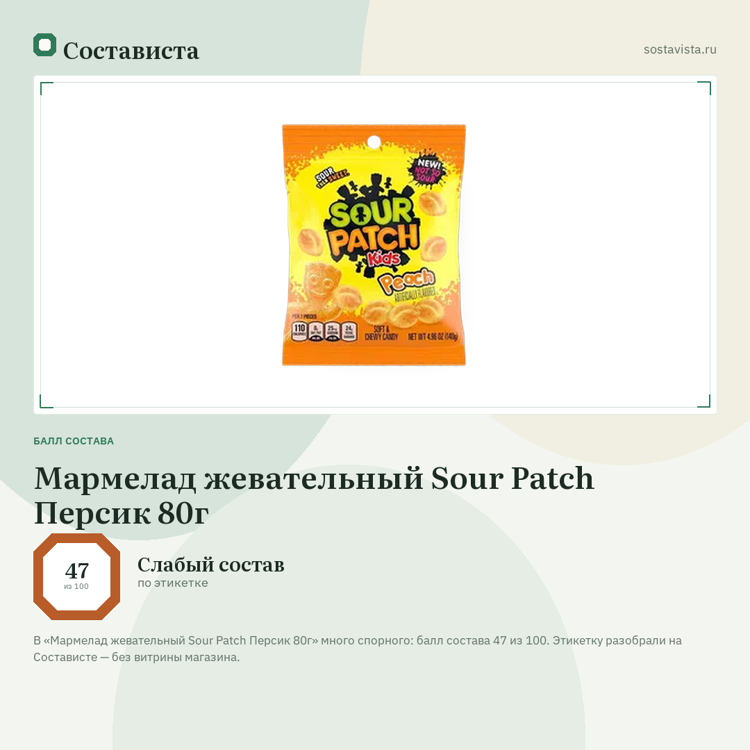 Мармелад жевательный Sour Patch Персик 80г: балл состава 47 из 100 — Состависта