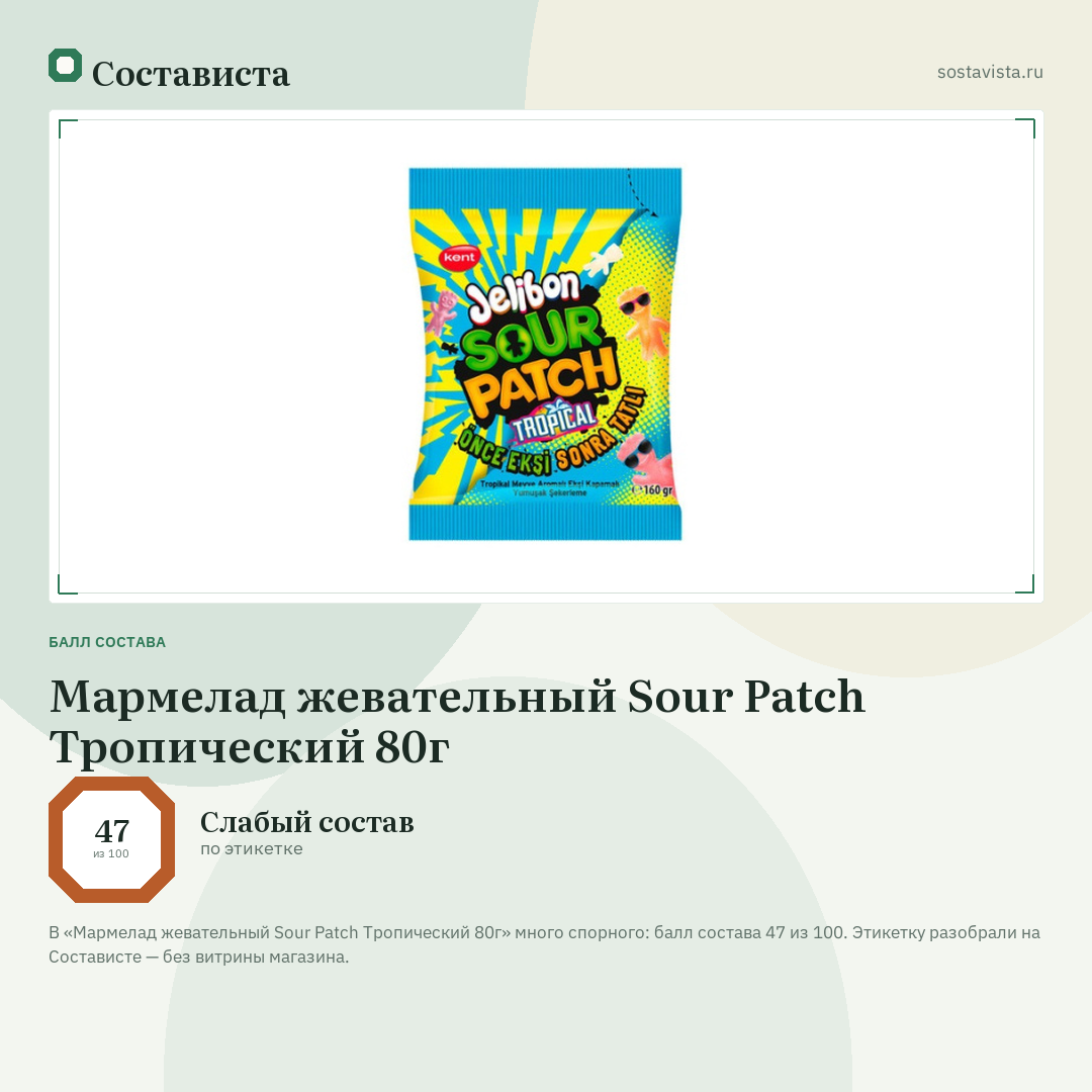 Мармелад жевательный Sour Patch Тропический 80г: балл состава 47 из 100 — Состависта