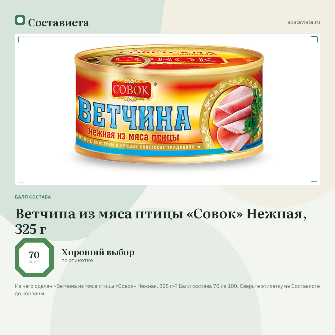 Ветчина из мяса птицы «Совок» Нежная, 325 г: балл состава 70 из 100 — Состависта