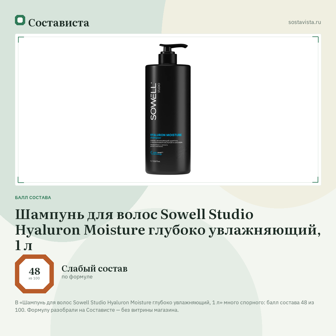 Шампунь для волос Sowell Studio Hyaluron Moisture глубоко увлажняющий, 1 л: балл состава 48 из 100 — Состависта
