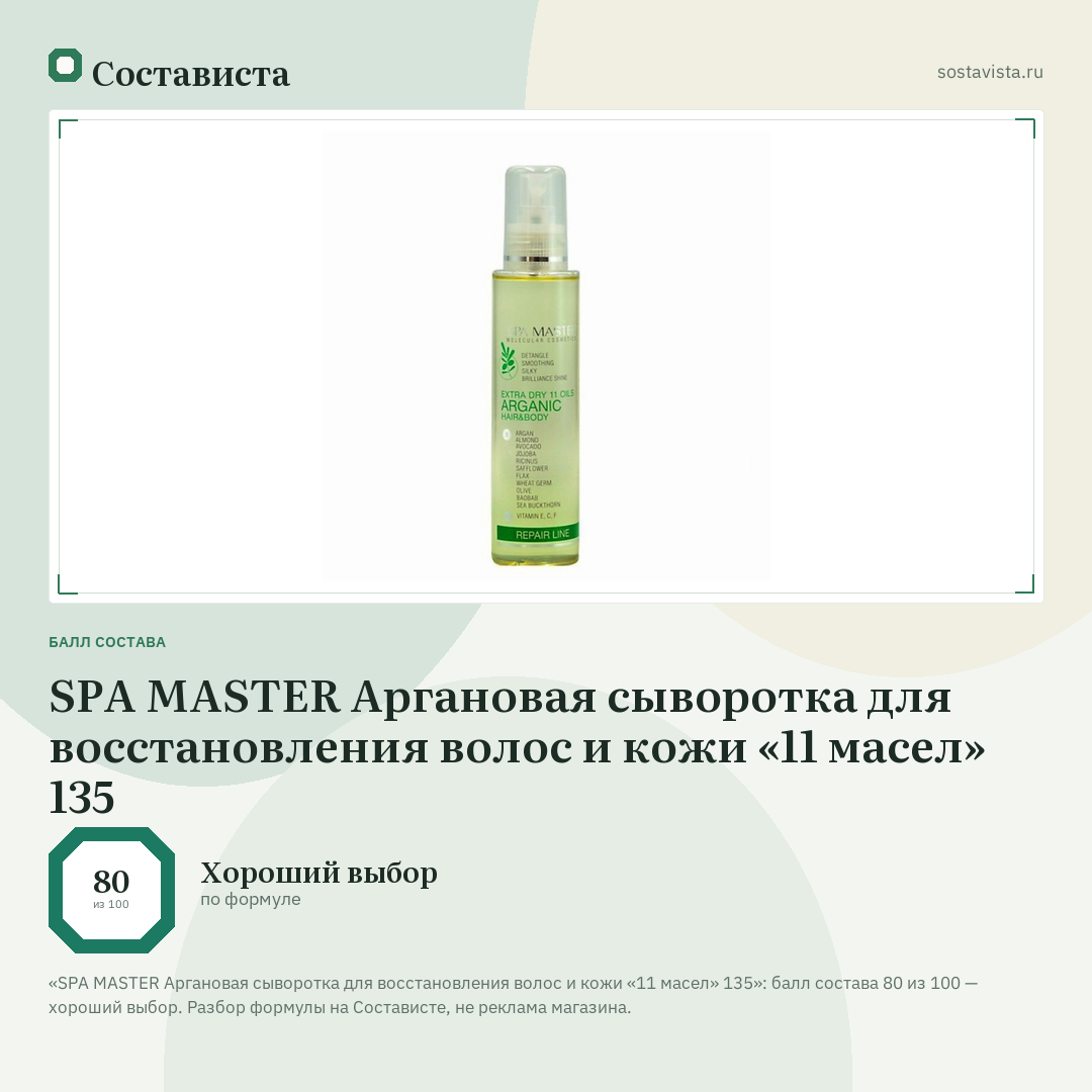 SPA MASTER Аргановая сыворотка для восстановления волос и кожи «11 масел» 135: балл состава 80 из 100 — Состависта