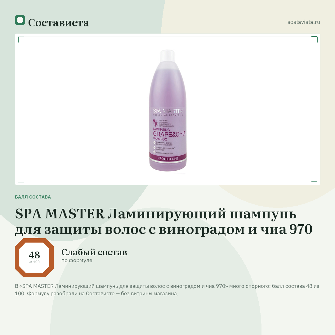 SPA MASTER Ламинирующий шампунь для защиты волос с виноградом и чиа 970: балл состава 48 из 100 — Состависта