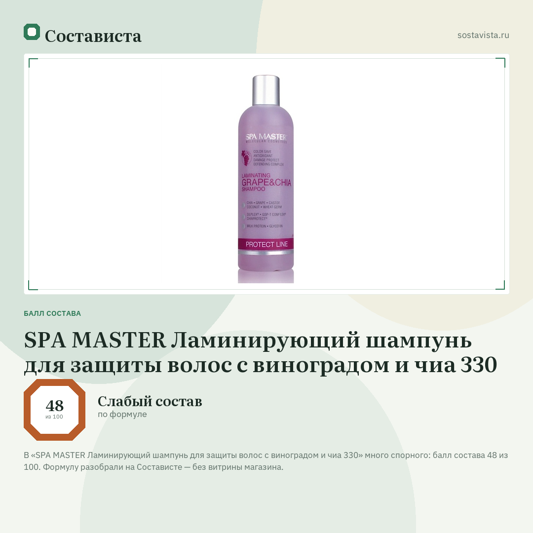 SPA MASTER Ламинирующий шампунь для защиты волос с виноградом и чиа 330: балл состава 48 из 100 — Состависта