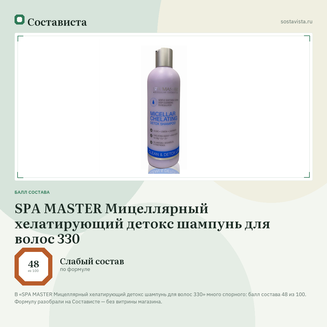 SPA MASTER Мицеллярный хелатирующий детокс шампунь для волос 330: балл состава 48 из 100 — Состависта