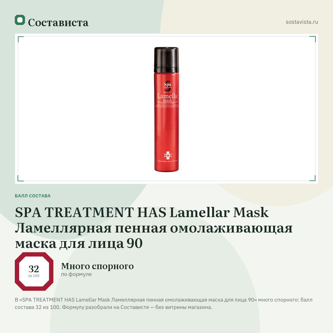 SPA TREATMENT HAS Lamellar Mask Ламеллярная пенная омолаживающая маска для лица 90: балл состава 32 из 100 — Состависта