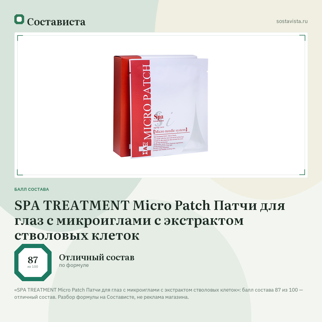 SPA TREATMENT Micro Patch Патчи для глаз с микроиглами с экстрактом стволовых клеток: балл состава 87 из 100 — Состависта
