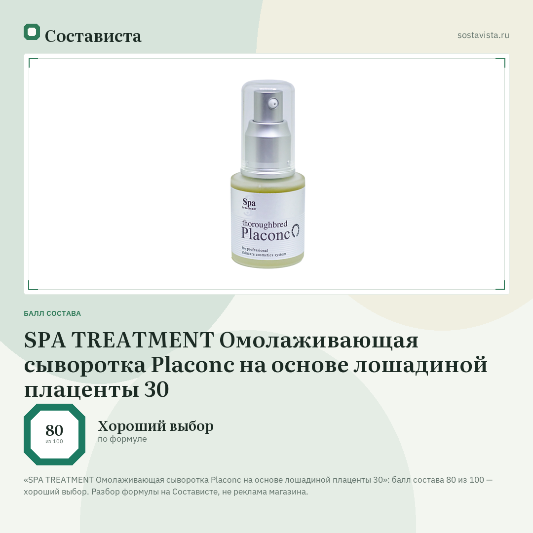 SPA TREATMENT Омолаживающая сыворотка Placonc на основе лошадиной плаценты 30: балл состава 80 из 100 — Состависта