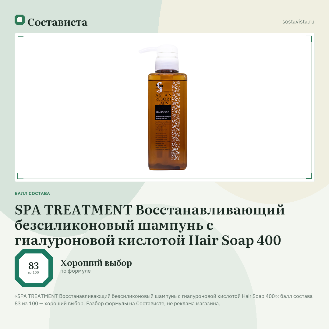 SPA TREATMENT Восстанавливающий безсиликоновый шампунь с гиалуроновой кислотой Hair Soap 400: балл состава 83 из 100 — Состависта