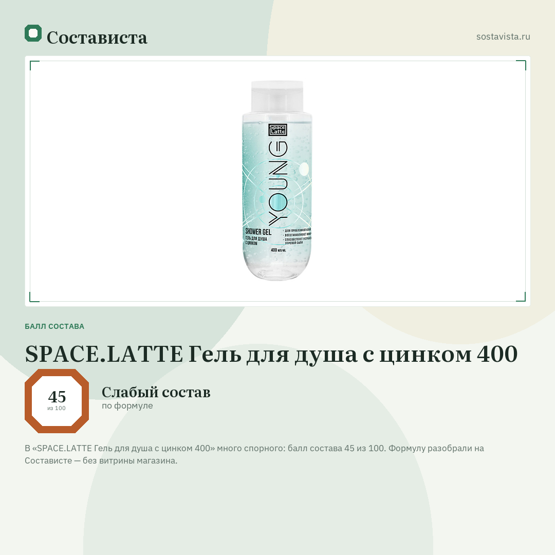 SPACE.LATTE Гель для душа с цинком 400: балл состава 45 из 100 — Состависта