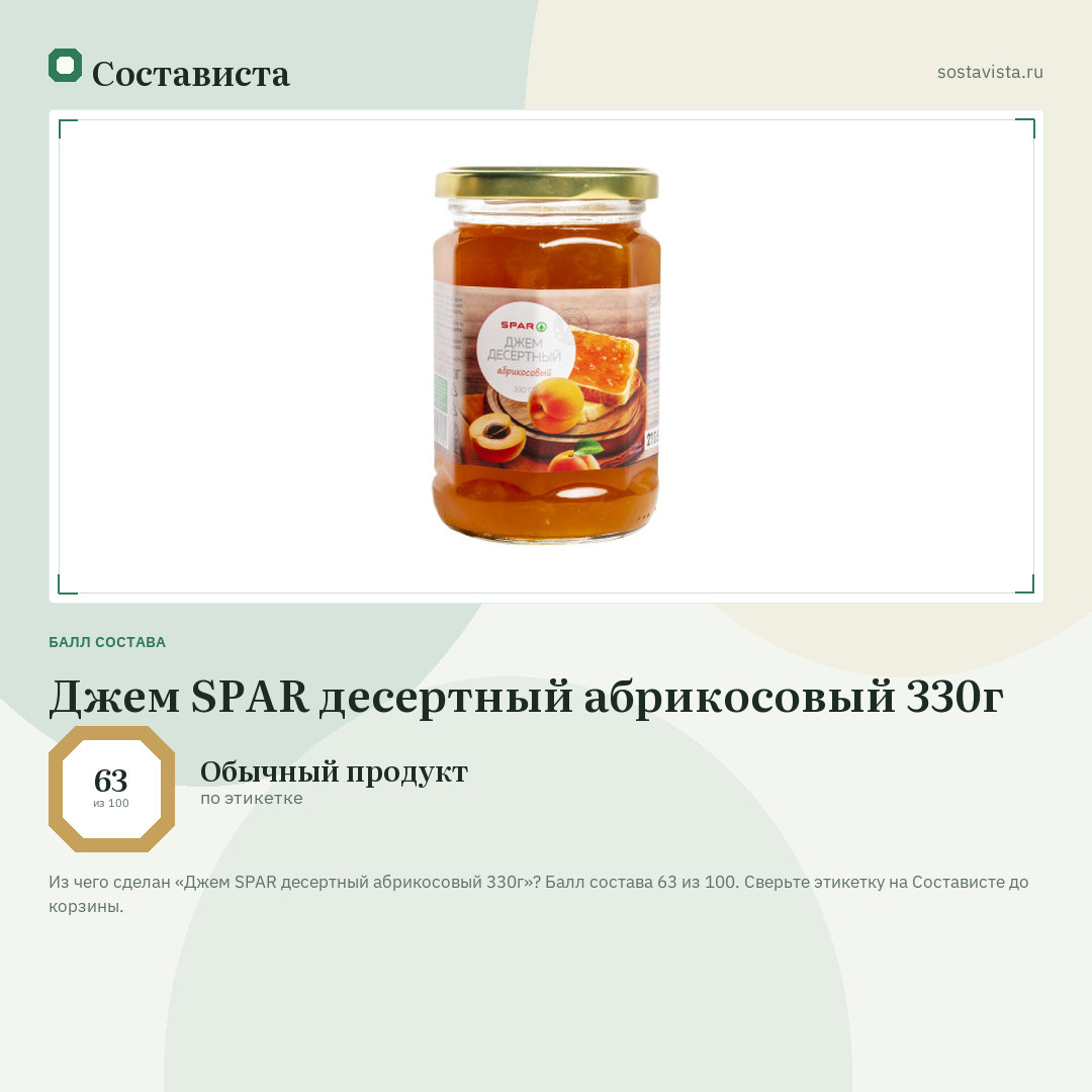 Джем SPAR десертный абрикосовый 330г: балл состава 63 из 100 — Состависта