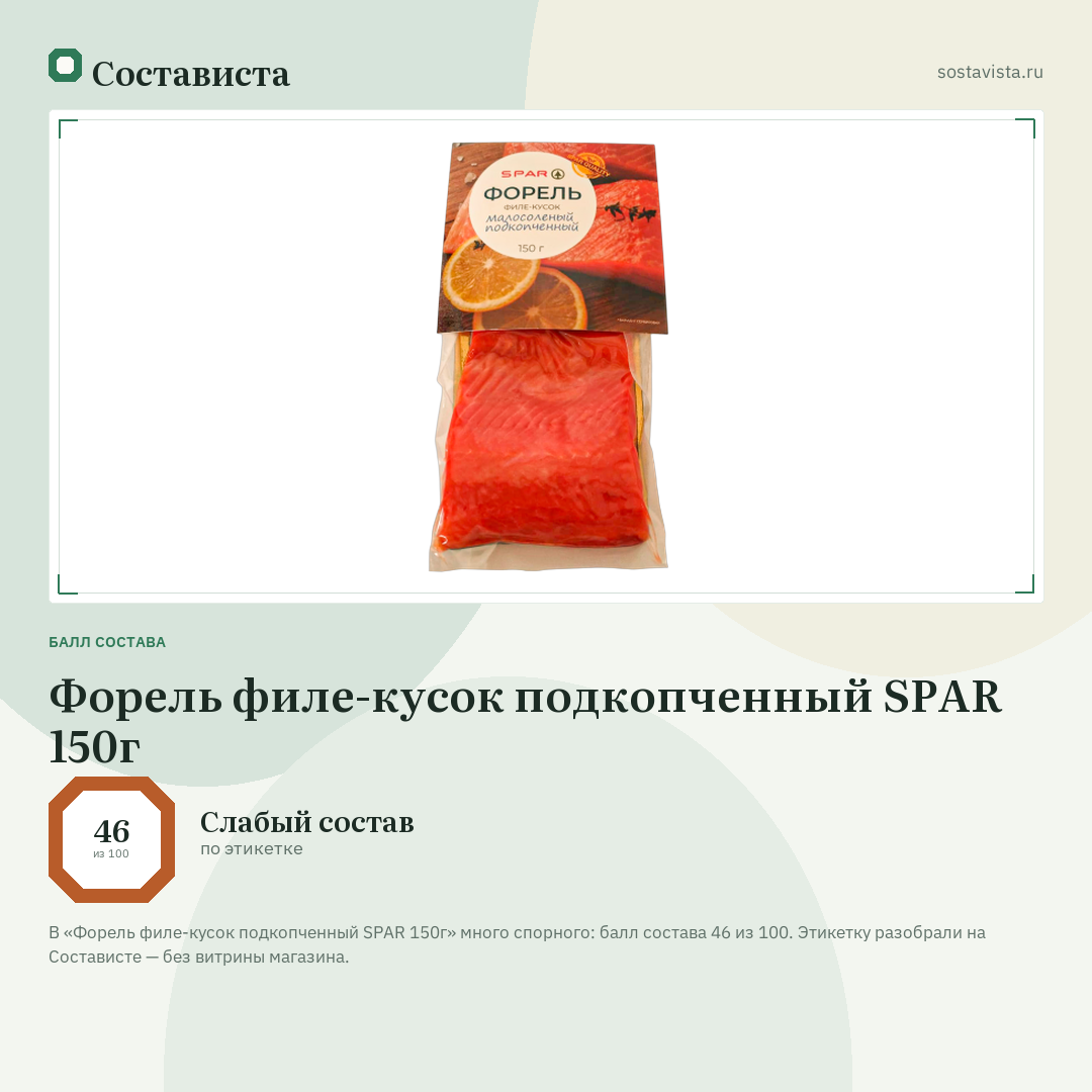 Форель филе-кусок подкопченный SPAR 150г: балл состава 46 из 100 — Состависта