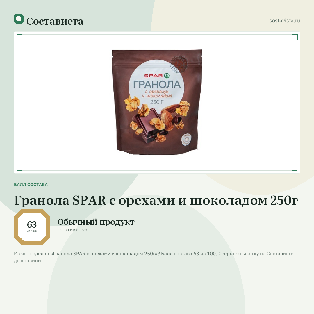 Гранола SPAR с орехами и шоколадом 250г: балл состава 63 из 100 — Состависта
