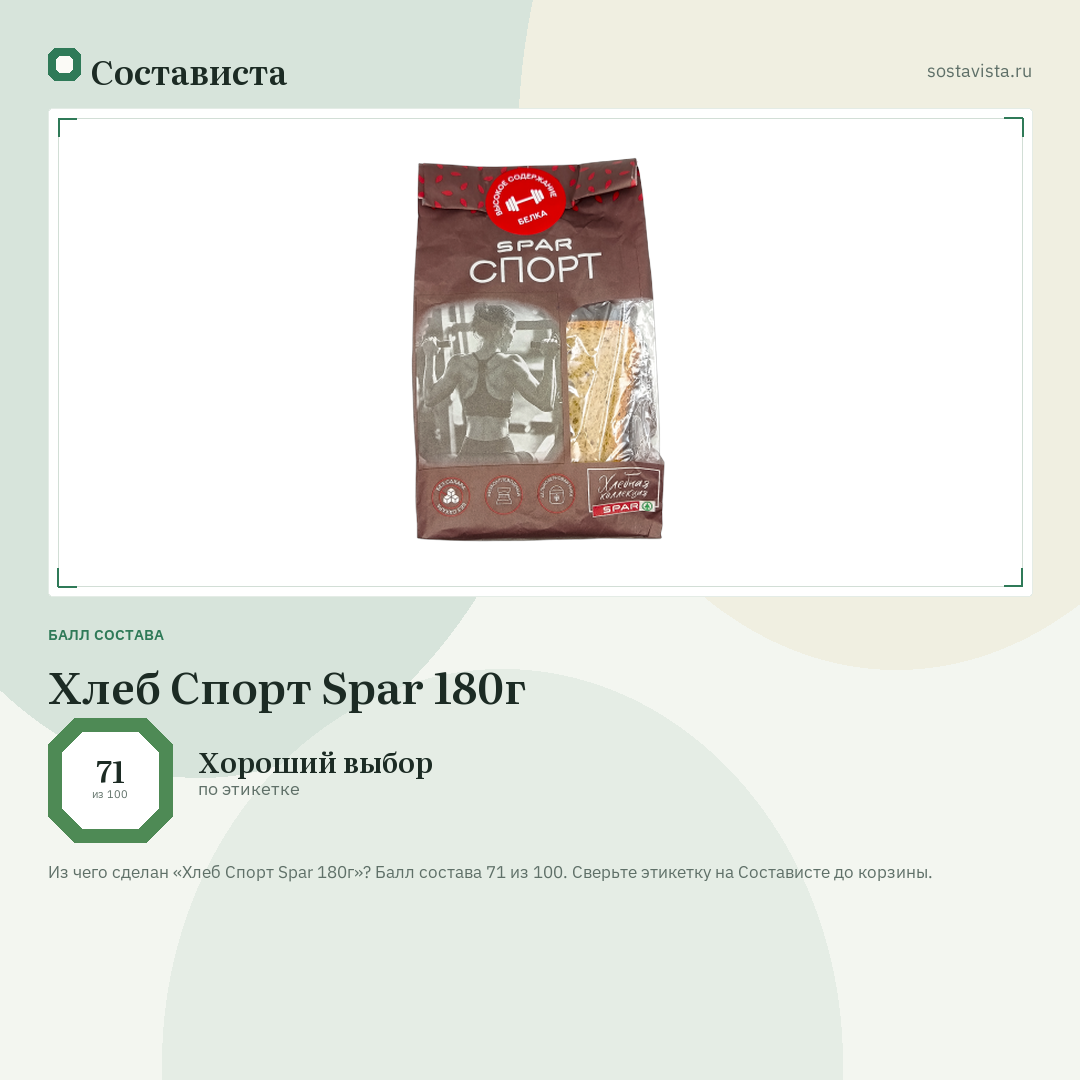Хлеб Спорт Spar 180г: балл состава 71 из 100 — Состависта