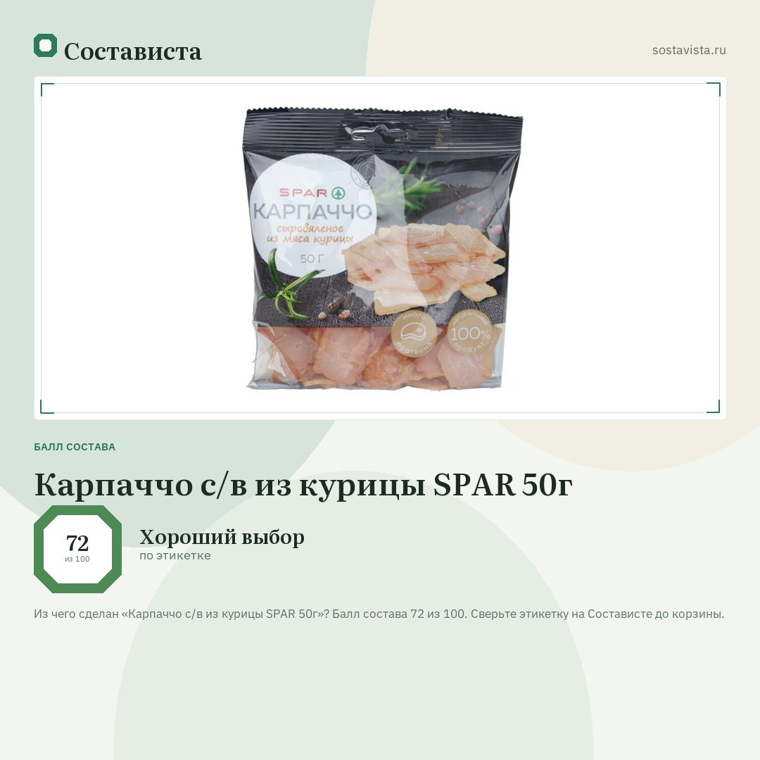 Карпаччо с/в из курицы SPAR 50г: балл состава 72 из 100 — Состависта