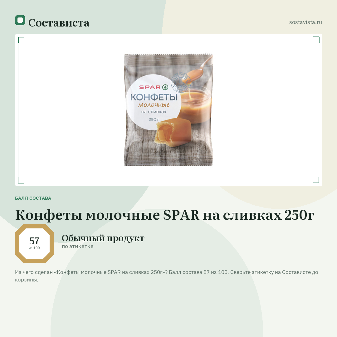 Конфеты молочные SPAR на сливках 250г: балл состава 57 из 100 — Состависта