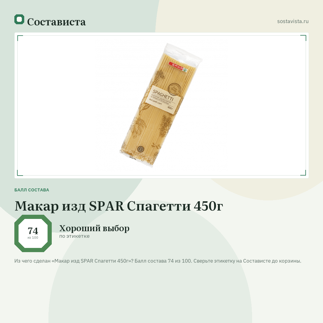 Макар изд SPAR Спагетти 450г: балл состава 74 из 100 — Состависта