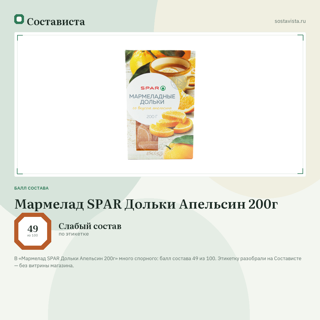 Мармелад SPAR Дольки Апельсин 200г: балл состава 49 из 100 — Состависта