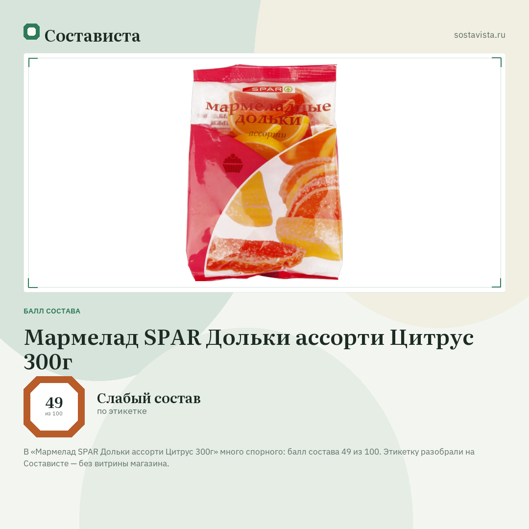 Мармелад SPAR Дольки ассорти Цитрус 300г: балл состава 49 из 100 — Состависта