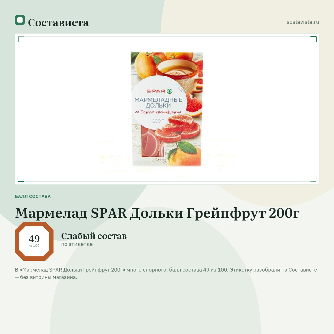 Мармелад SPAR Дольки Грейпфрут 200г: балл состава 49 из 100 — Состависта