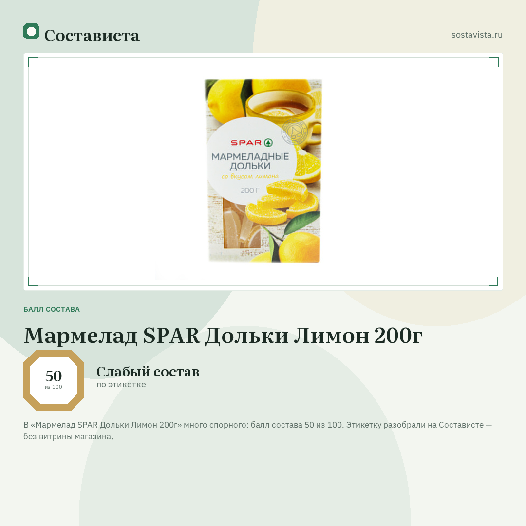 Мармелад SPAR Дольки Лимон 200г: балл состава 50 из 100 — Состависта