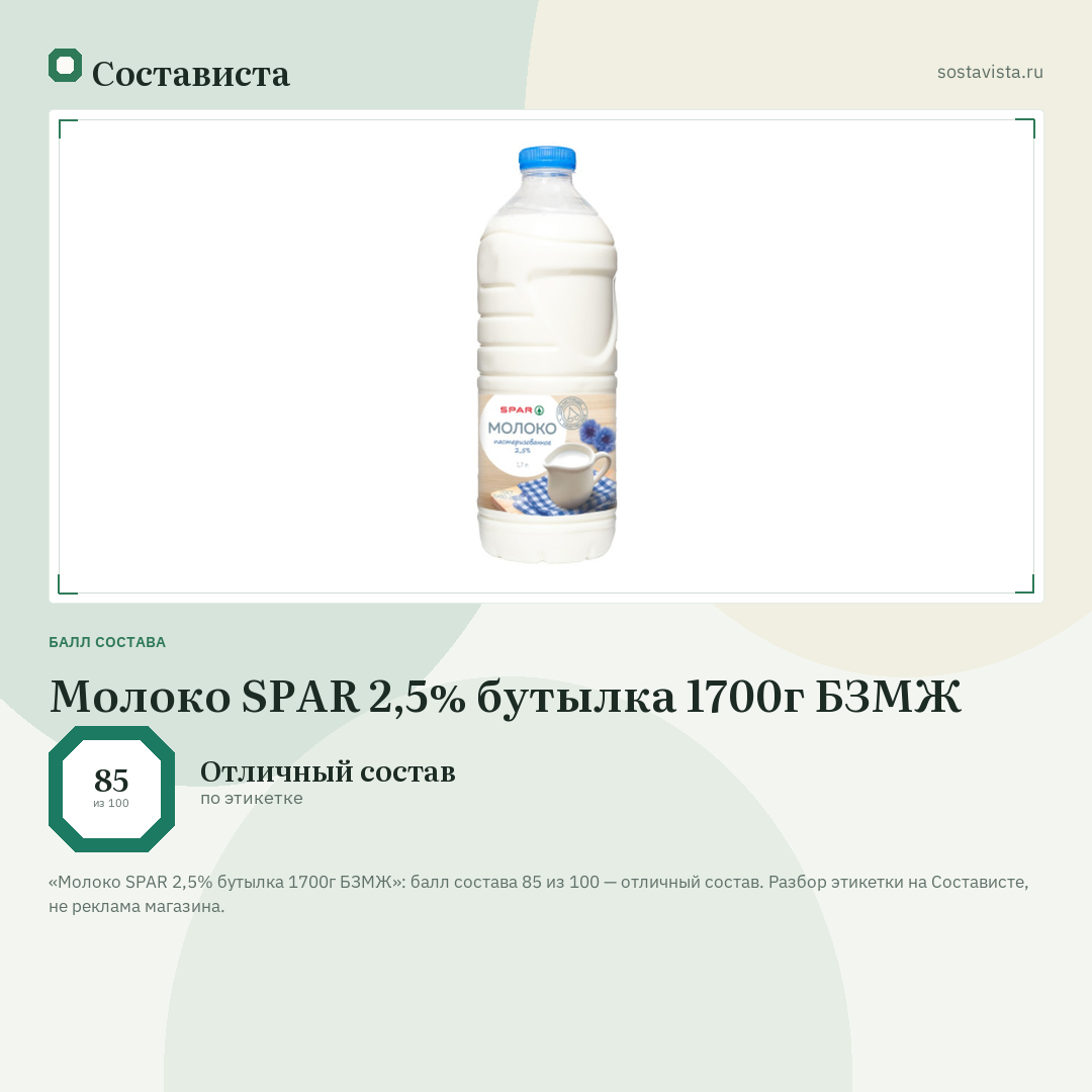 Молоко SPAR 2,5% бутылка 1700г БЗМЖ: балл состава 85 из 100 — Состависта