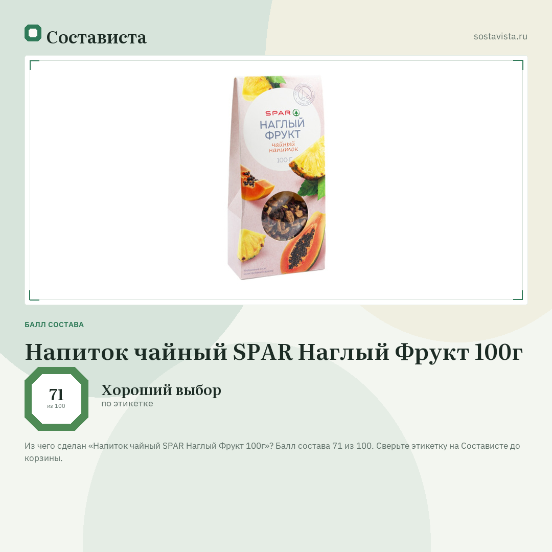 Напиток чайный SPAR Наглый Фрукт 100г: балл состава 71 из 100 — Состависта