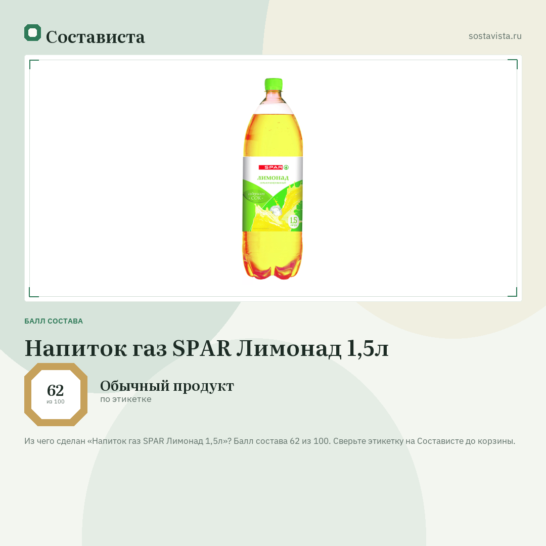 Напиток газ SPAR Лимонад 1,5л: балл состава 62 из 100 — Состависта