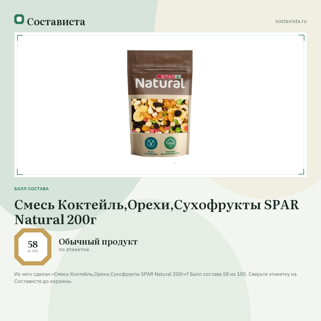 Смесь Коктейль,Орехи,Сухофрукты SPAR Natural 200г: балл состава 58 из 100 — Состависта