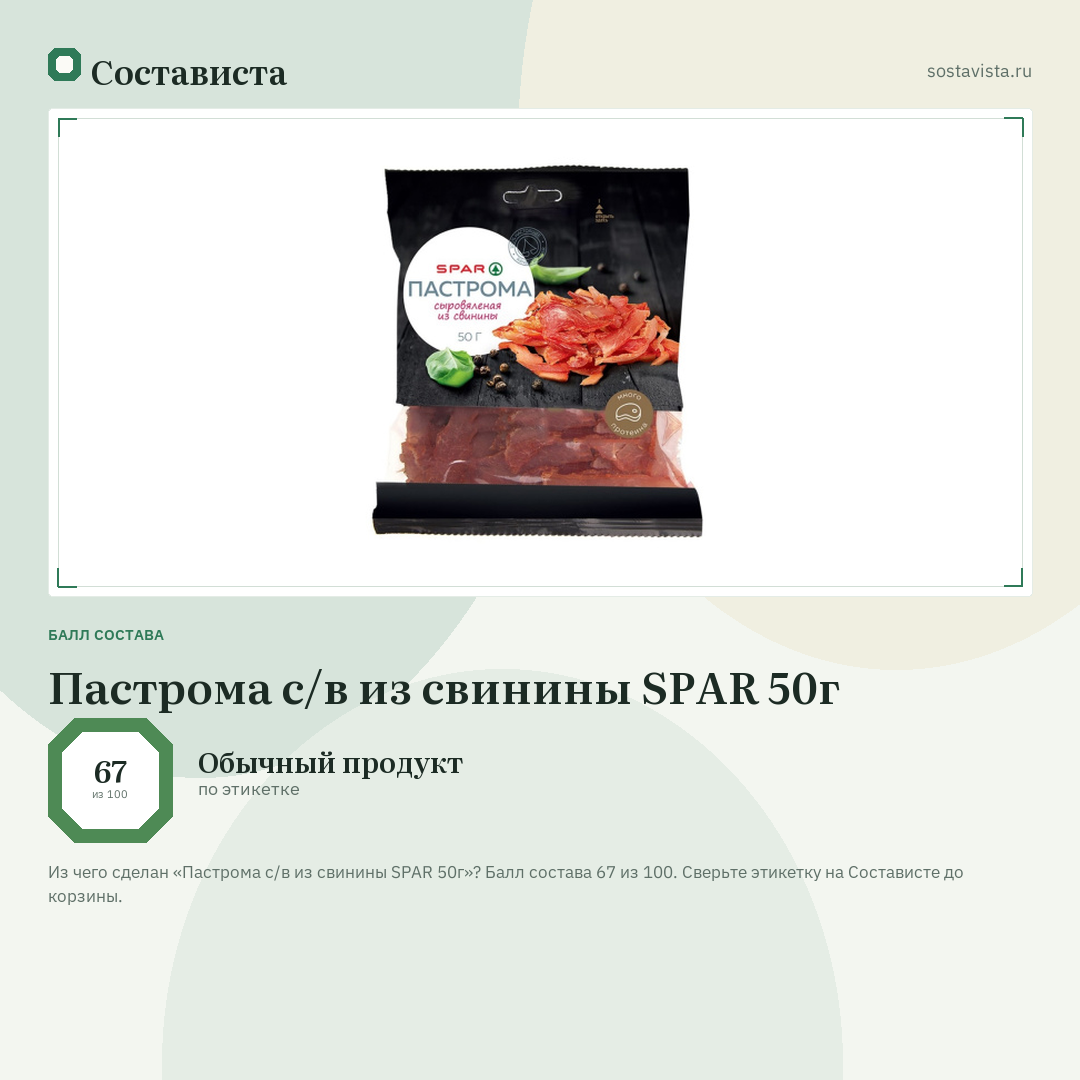 Пастрома с/в из свинины SPAR 50г: балл состава 67 из 100 — Состависта