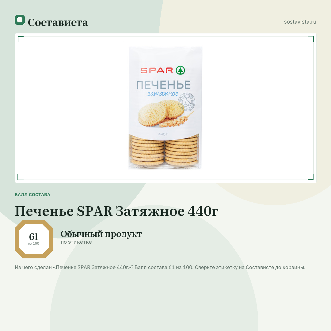 Печенье SPAR Затяжное 440г: балл состава 61 из 100 — Состависта