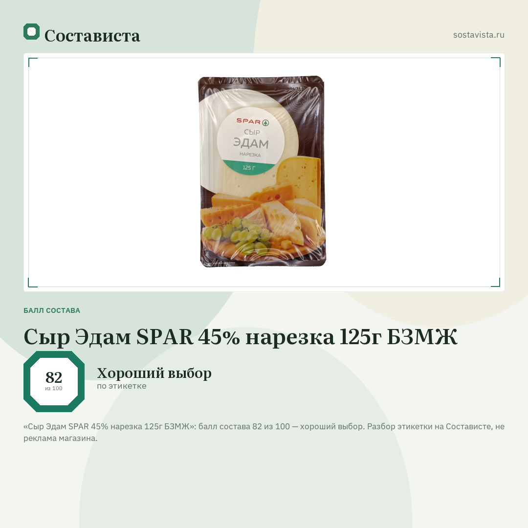 Сыр Эдам SPAR 45% нарезка 125г БЗМЖ: балл состава 82 из 100 — Состависта