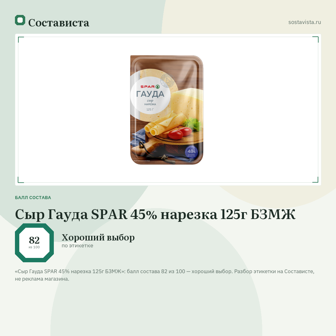 Сыр Гауда SPAR 45% нарезка 125г БЗМЖ: балл состава 82 из 100 — Состависта