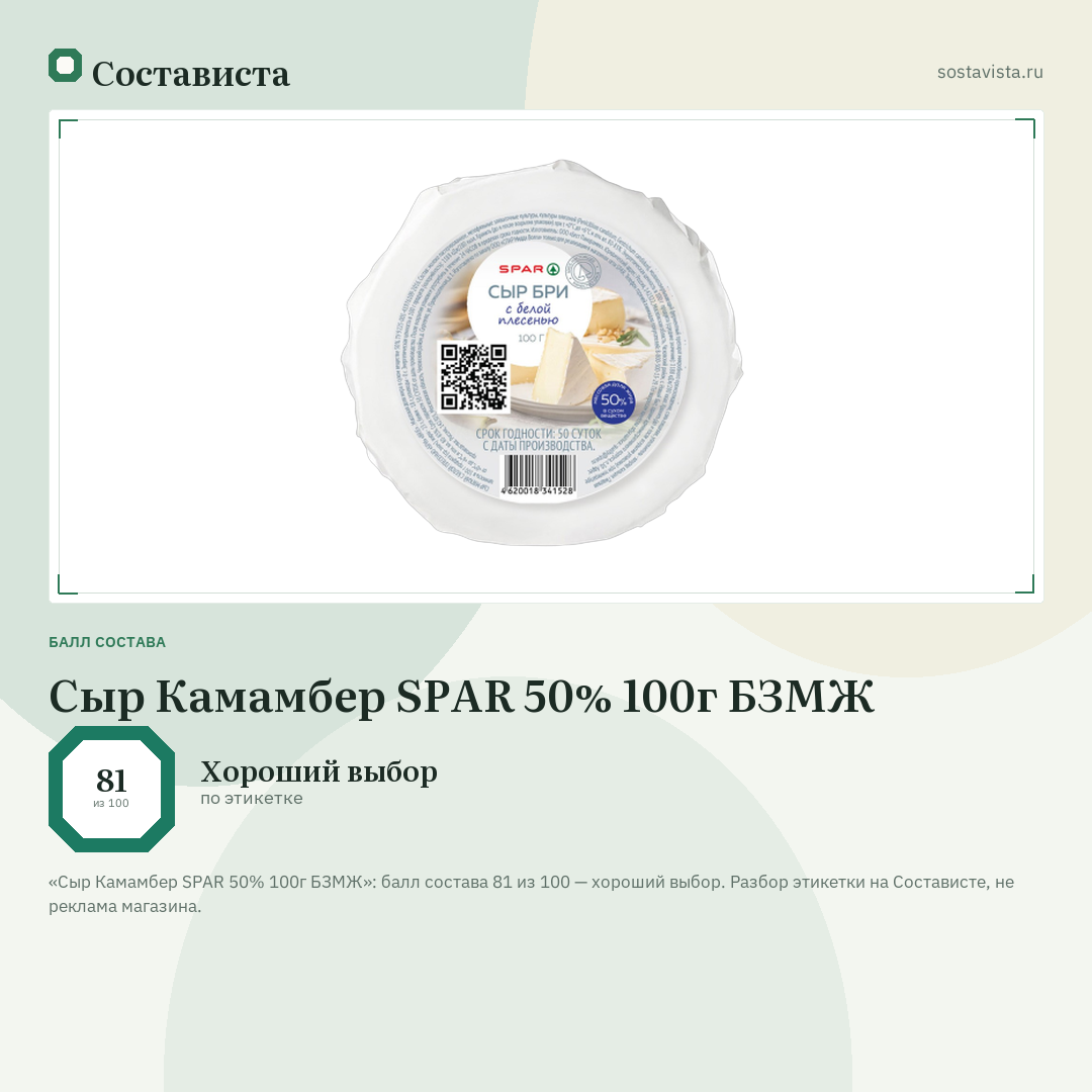 Сыр Камамбер SPAR 50% 100г БЗМЖ: балл состава 81 из 100 — Состависта