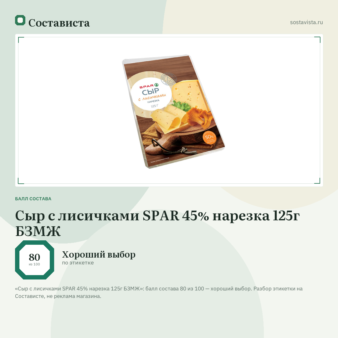 Сыр с лисичками SPAR 45% нарезка 125г БЗМЖ: балл состава 80 из 100 — Состависта