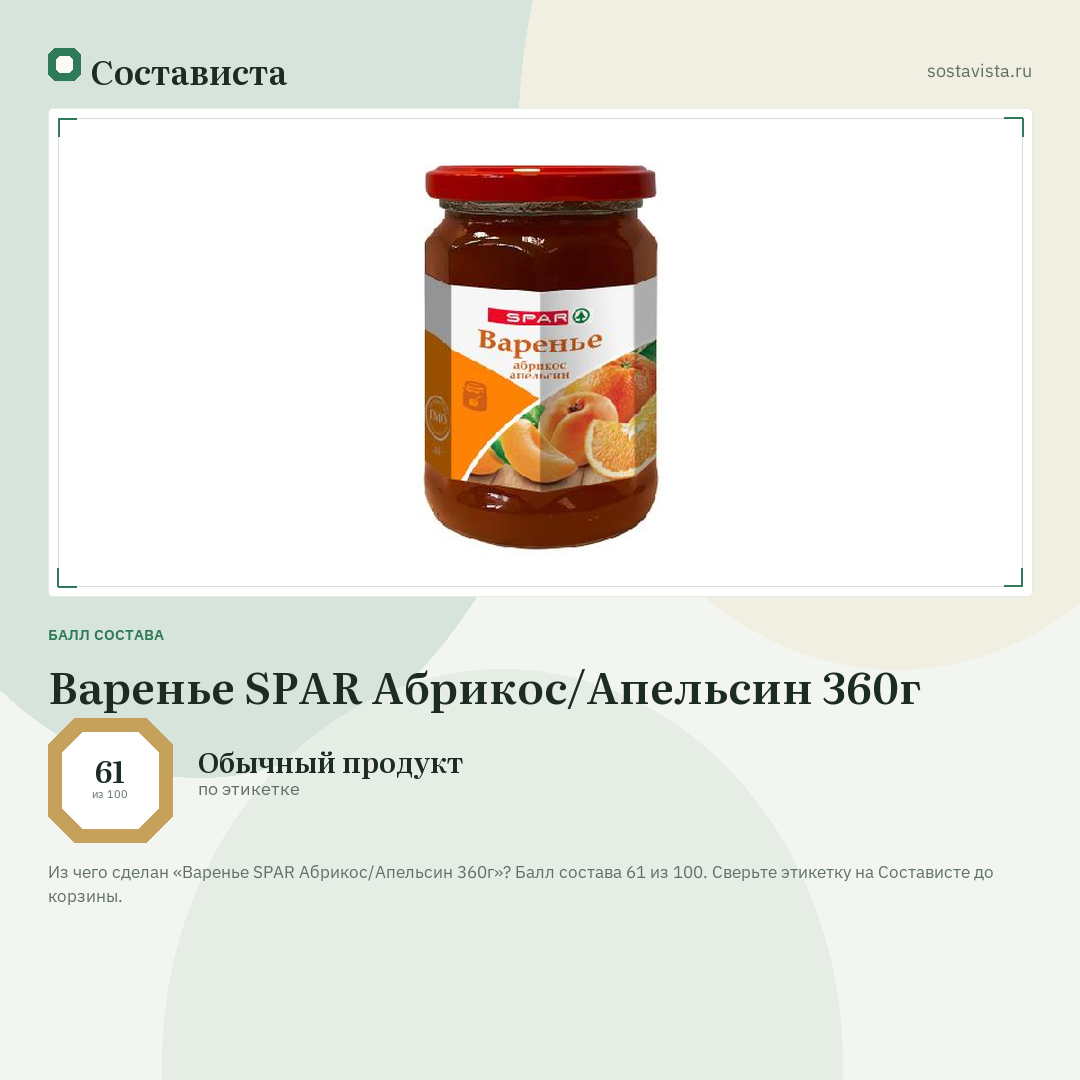 Варенье SPAR Абрикос/Апельсин 360г: балл состава 61 из 100 — Состависта