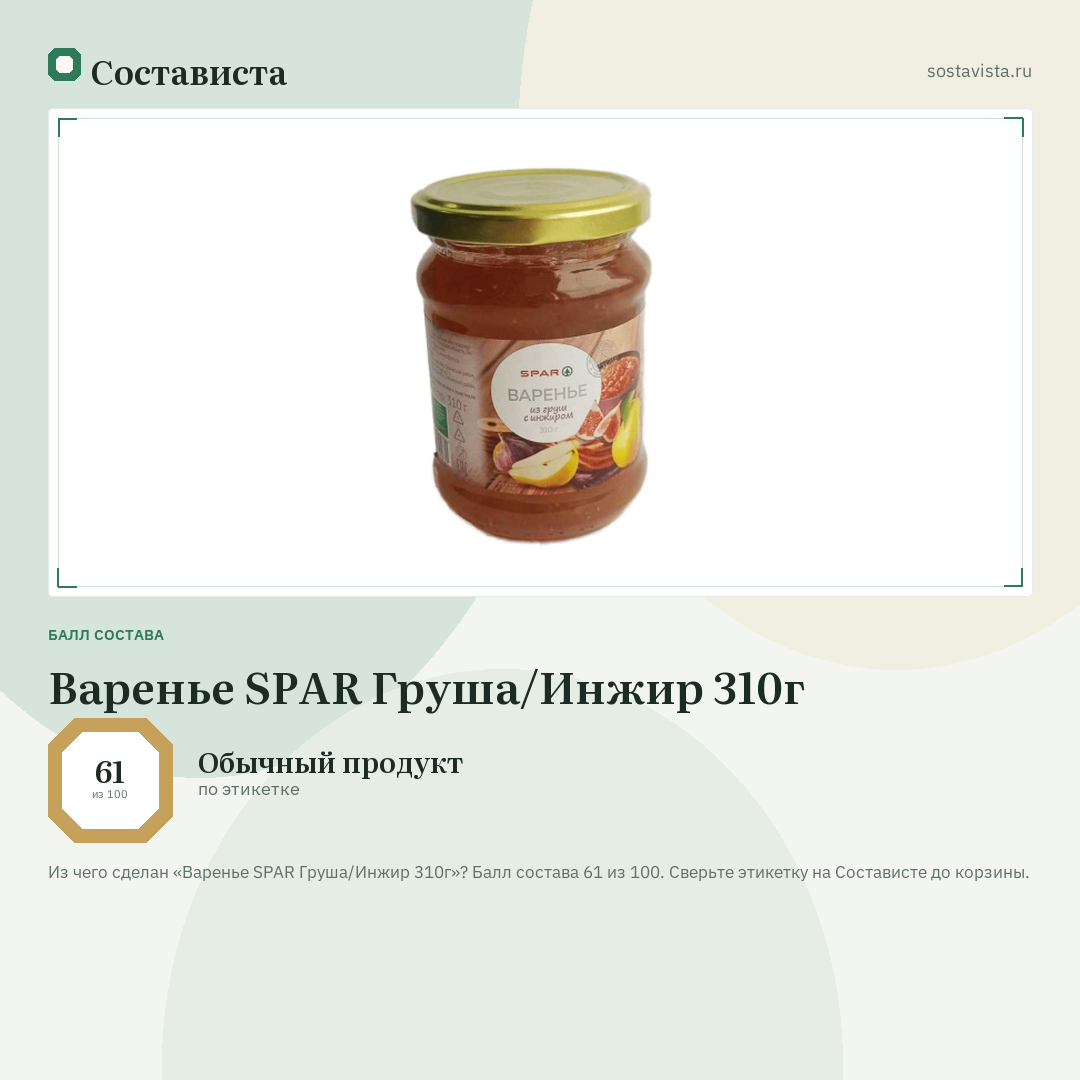 Варенье SPAR Груша/Инжир 310г: балл состава 61 из 100 — Состависта