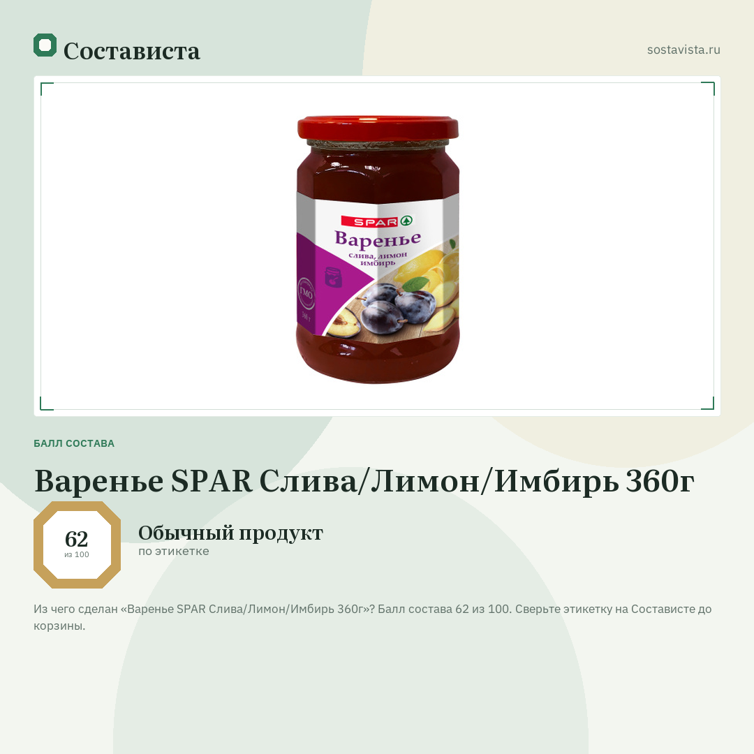 Варенье SPAR Слива/Лимон/Имбирь 360г: балл состава 62 из 100 — Состависта
