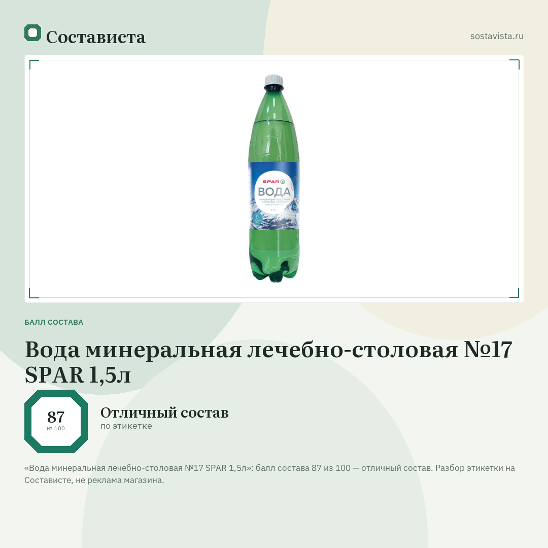 Вода минеральная лечебно-столовая №17 SPAR 1,5л: балл состава 87 из 100 — Состависта