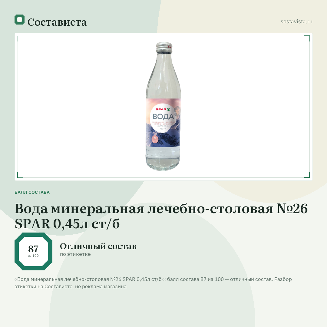 Вода минеральная лечебно-столовая №26 SPAR 0,45л ст/б: балл состава 87 из 100 — Состависта