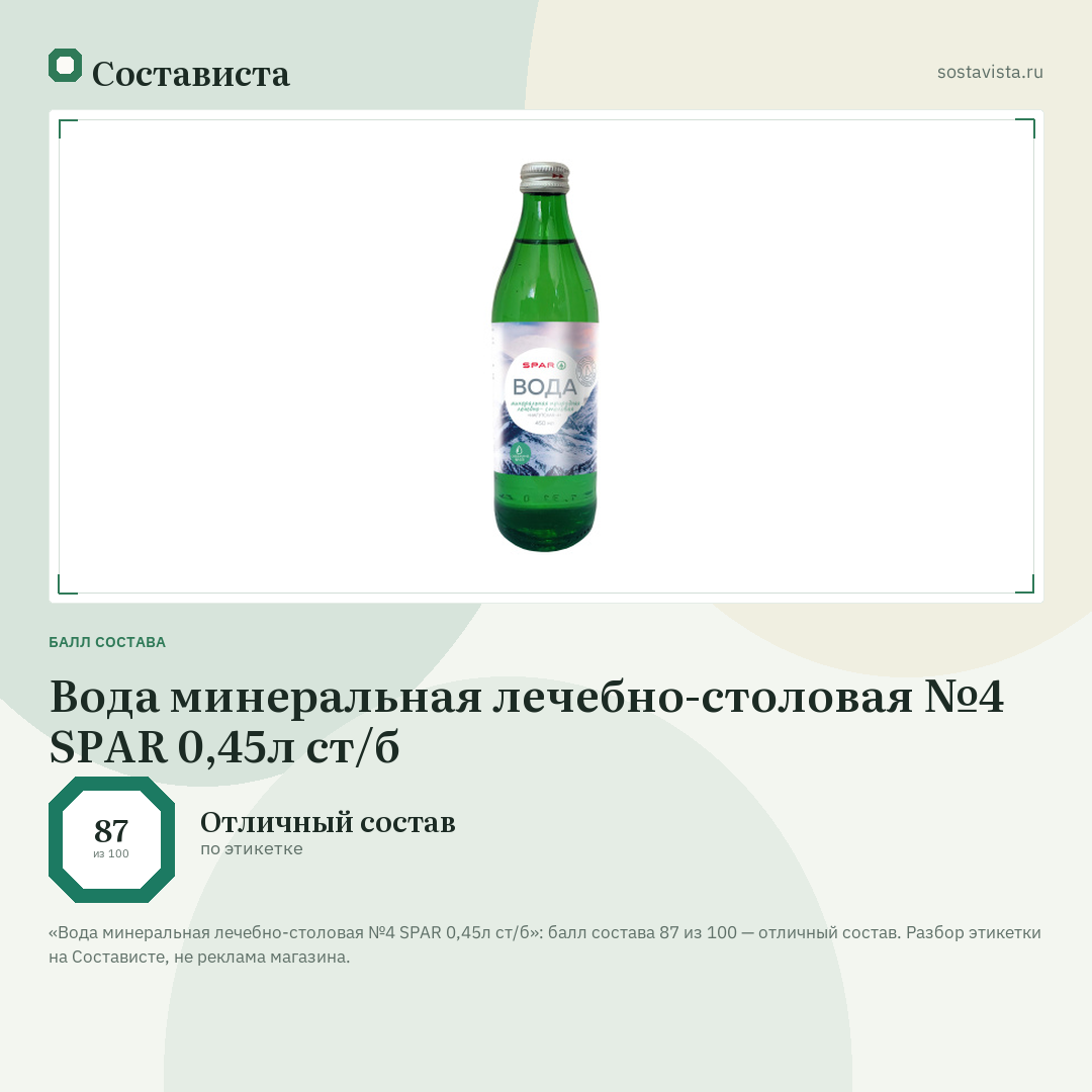 Вода минеральная лечебно-столовая №4 SPAR 0,45л ст/б: балл состава 87 из 100 — Состависта