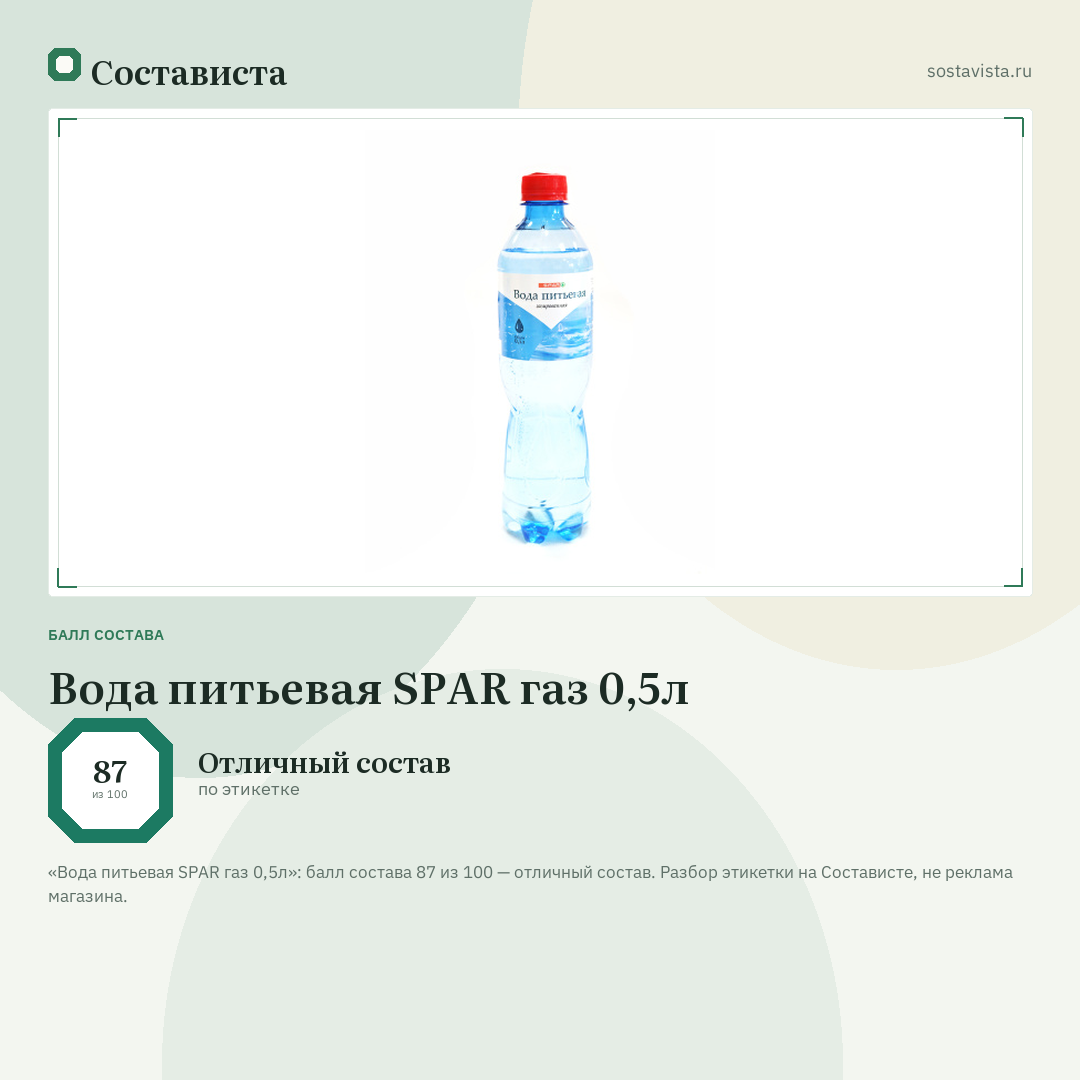 Вода питьевая SPAR газ 0,5л: балл состава 87 из 100 — Состависта