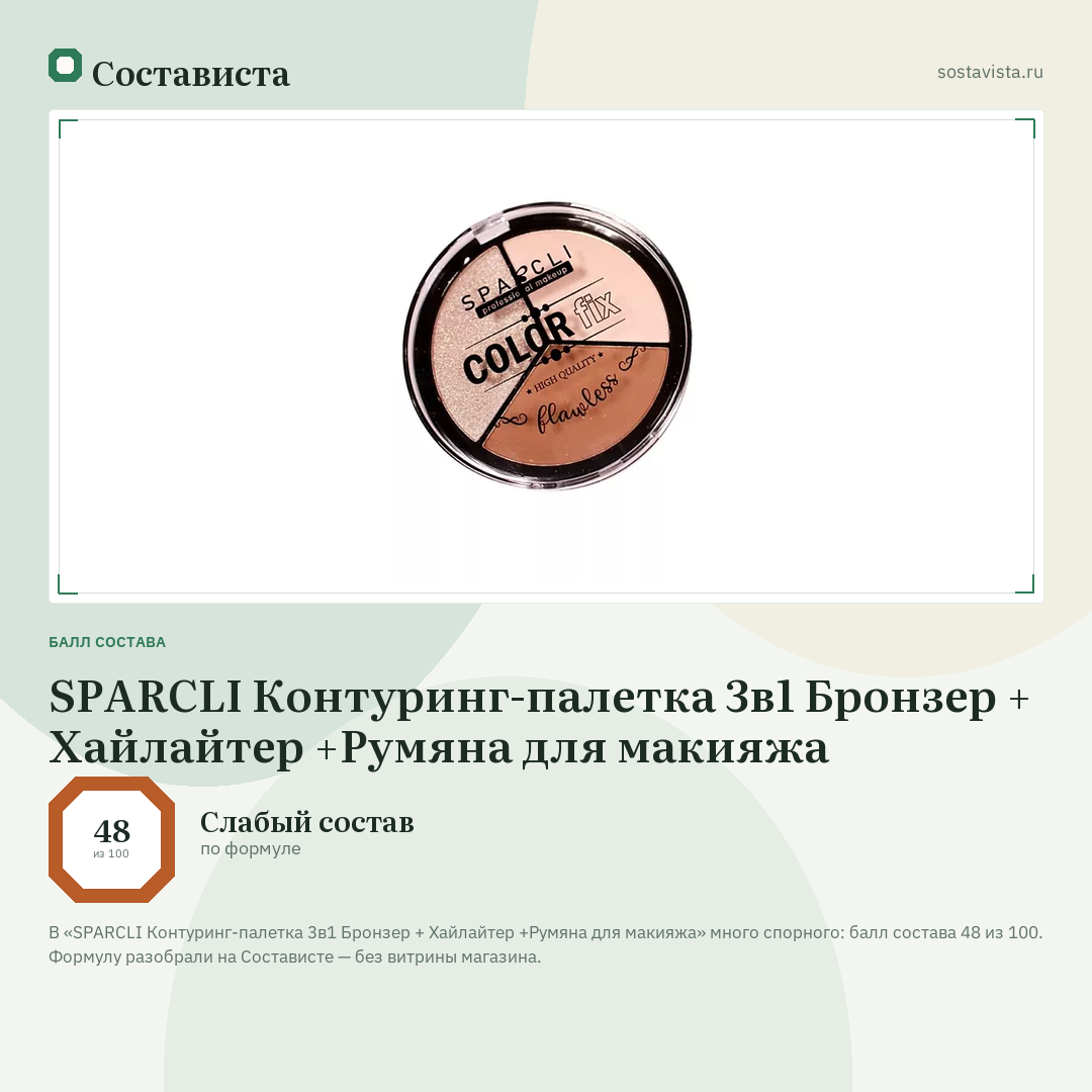 SPARCLI Контуринг-палетка 3в1 Бронзер + Хайлайтер +Румяна для макияжа: балл состава 48 из 100 — Состависта