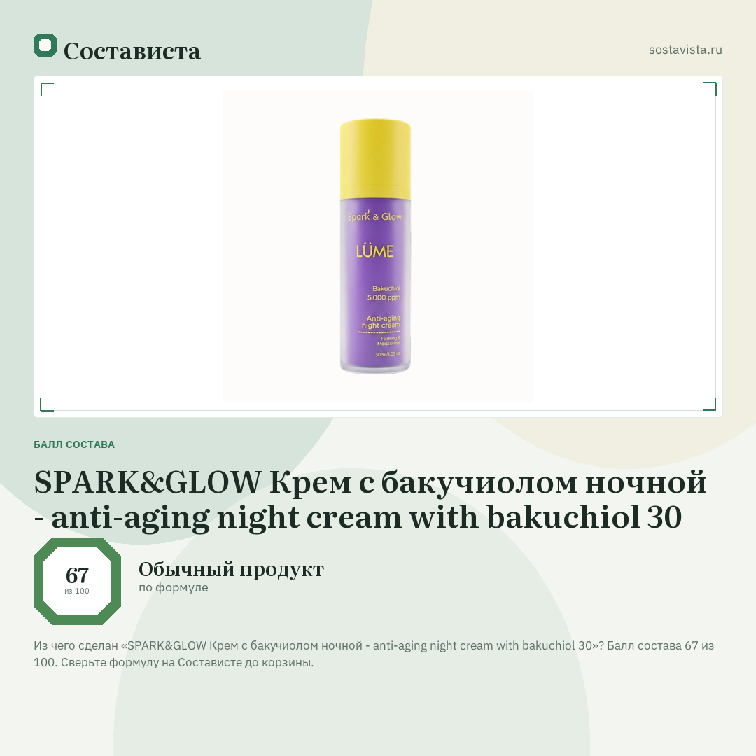 SPARK&GLOW Крем с бакучиолом ночной - anti-aging night cream with bakuchiol 30: балл состава 67 из 100 — Состависта